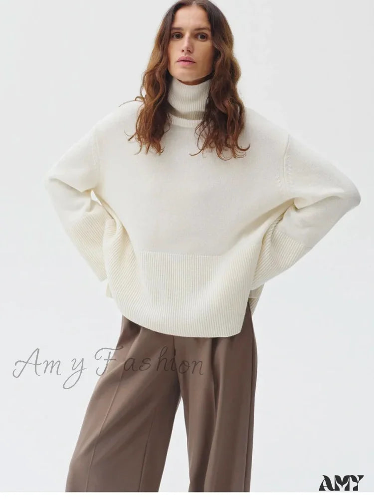 Turtle Neck Autumn Winter Women Soft Warm Basic Knitted Split Pullover Loose Casual Sweater Beige /