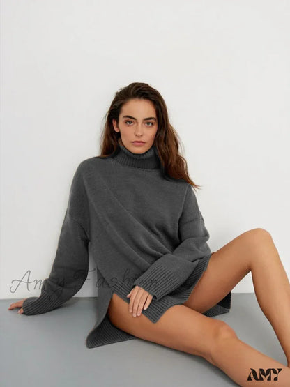 Turtle Neck Autumn Winter Women Soft Warm Basic Knitted Split Pullover Loose Casual Sweater Dark