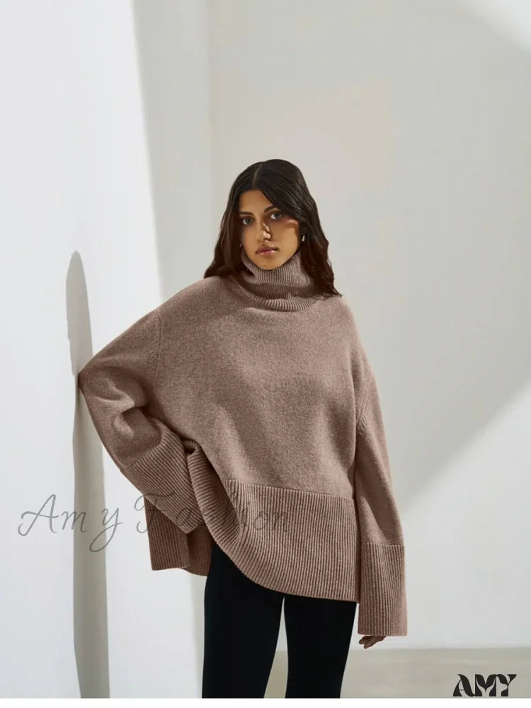 Turtle Neck Autumn Winter Women Soft Warm Basic Knitted Split Pullover Loose Casual Sweater Dark