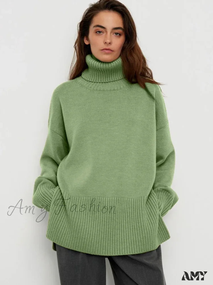 Turtle Neck Autumn Winter Women Soft Warm Basic Knitted Split Pullover Loose Casual Sweater Green /