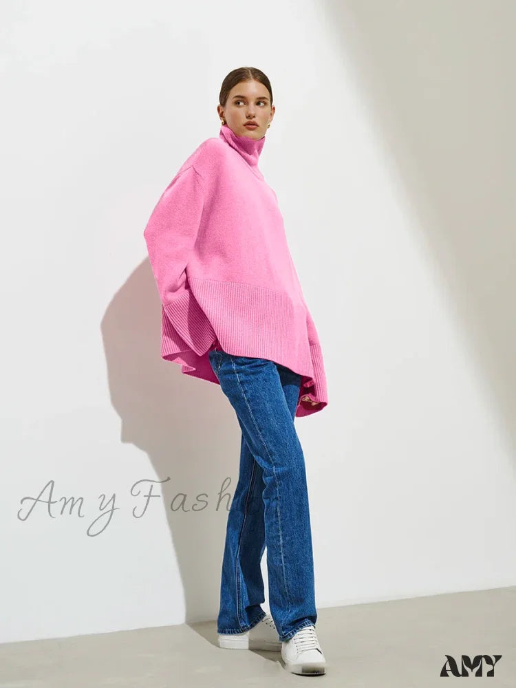 Turtle Neck Autumn Winter Women Soft Warm Basic Knitted Split Pullover Loose Casual Sweater Pink / S