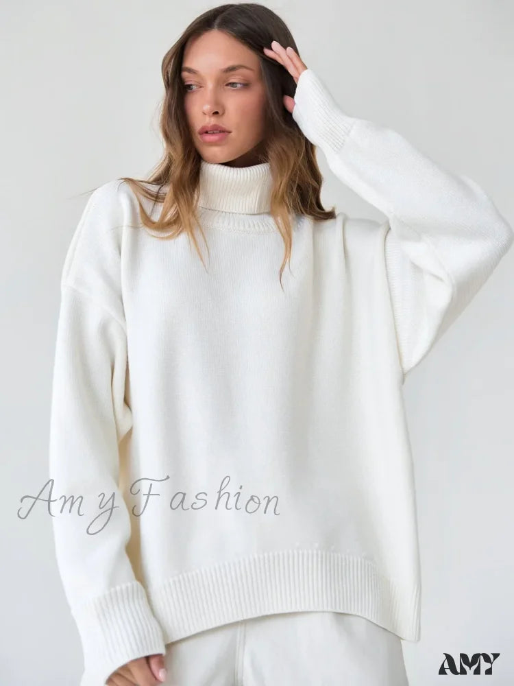 Turtleneck Autumn Winter Knit Oversized Loose Casual Solid Sweater