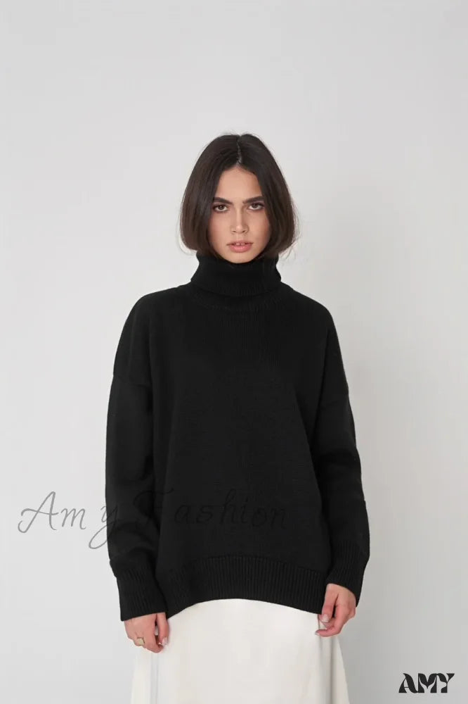 Turtleneck Autumn Winter Knit Oversized Loose Casual Solid Sweater Black / S