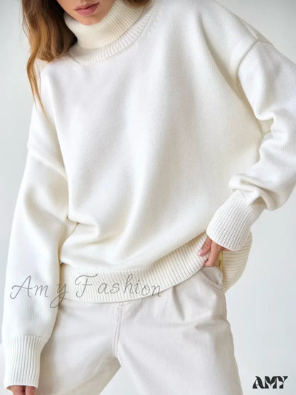 Turtleneck Autumn Winter Knit Oversized Loose Casual Solid Sweater Ivory / S