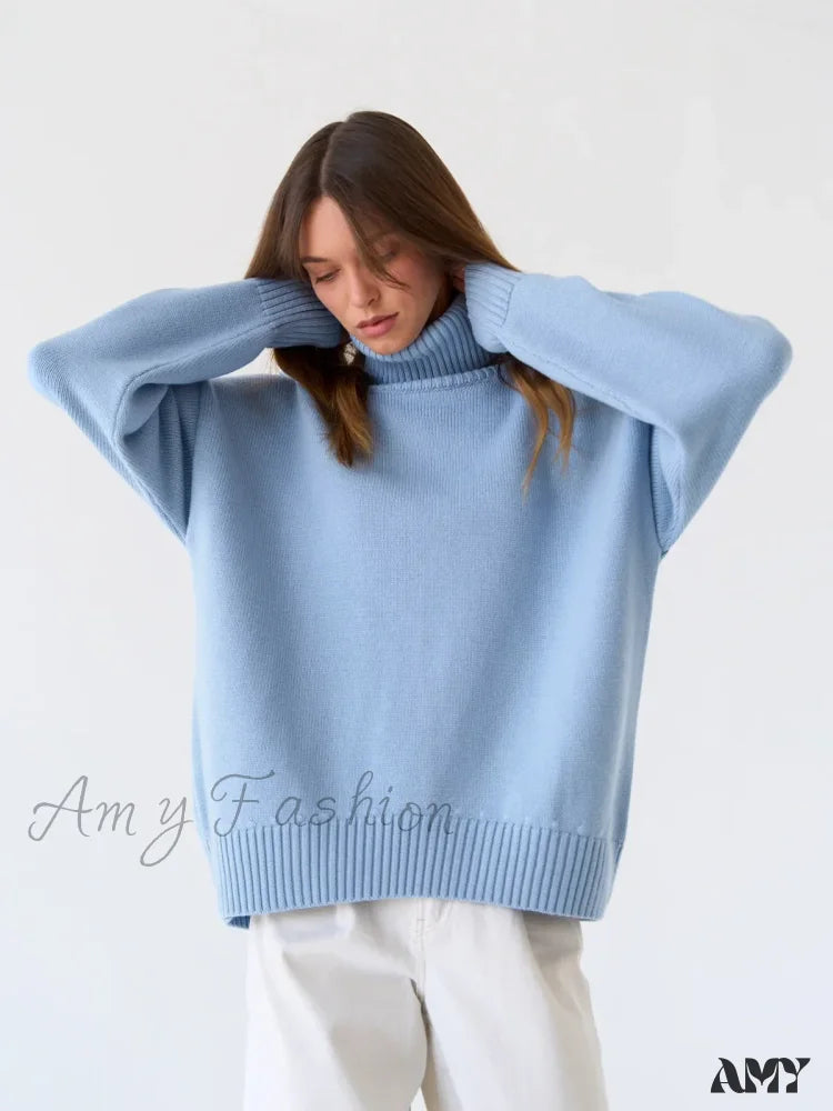 Turtleneck Autumn Winter Knit Oversized Loose Casual Solid Sweater Sky Blue / S