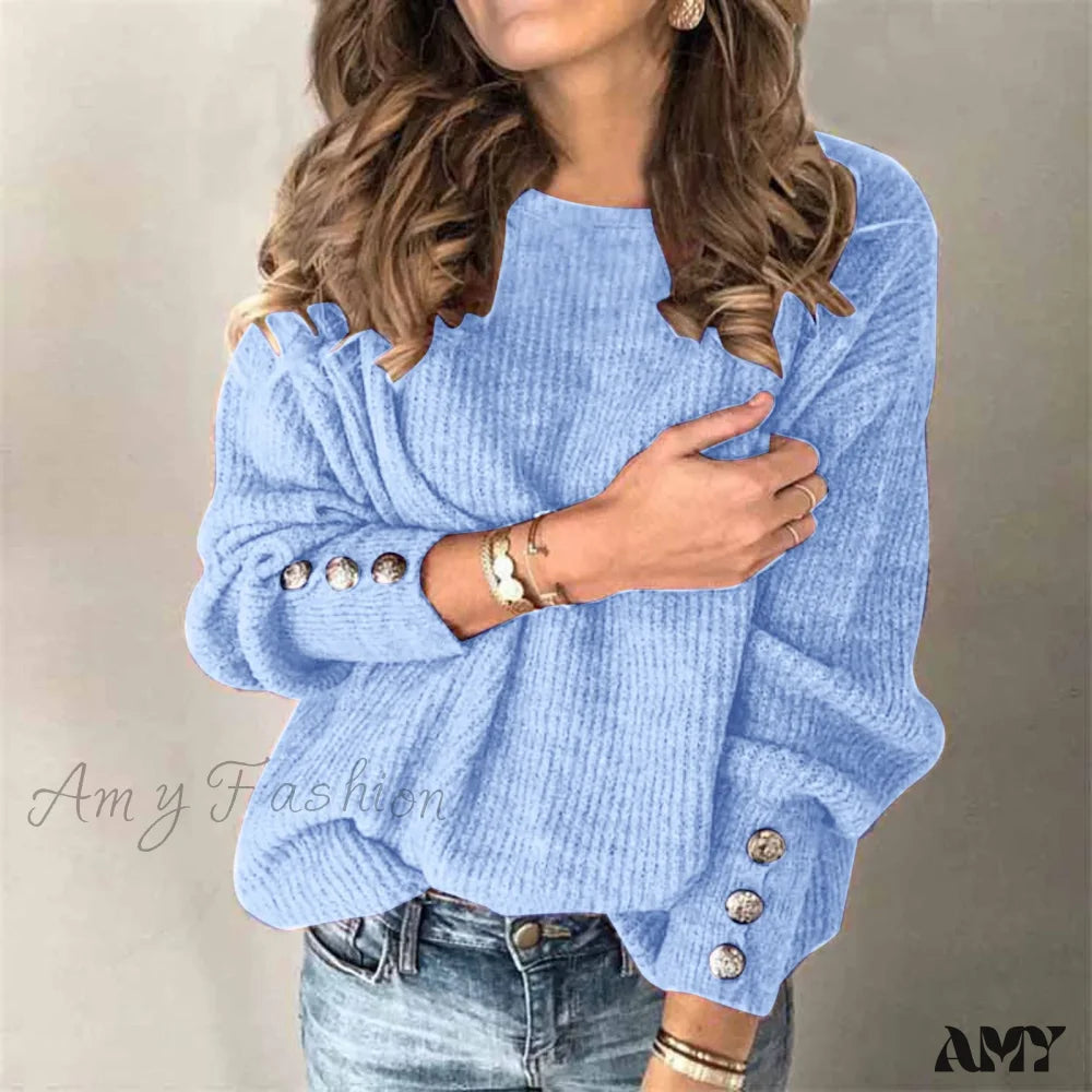 Turtleneck Fall Winter Warm Knitted Long Sleeve Plus Size Sweater Blue / S