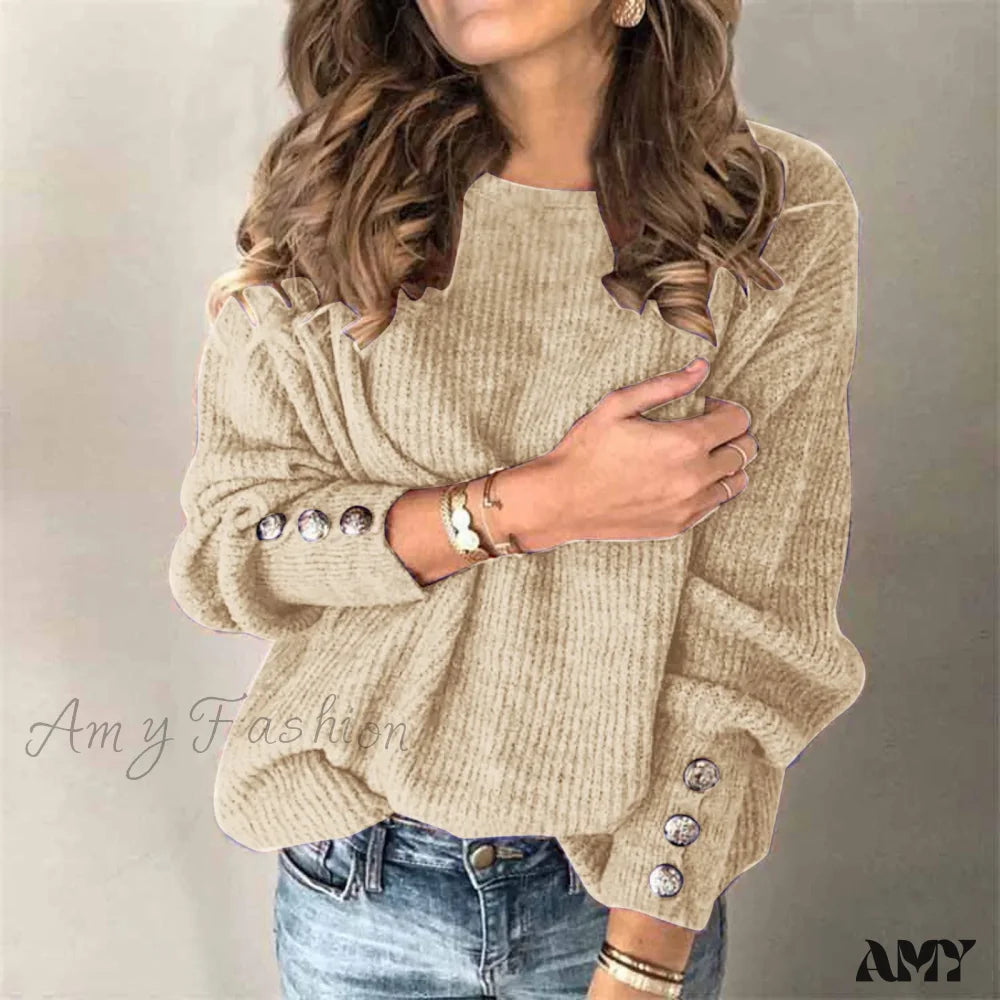 Turtleneck Fall Winter Warm Knitted Long Sleeve Plus Size Sweater Khaki / S