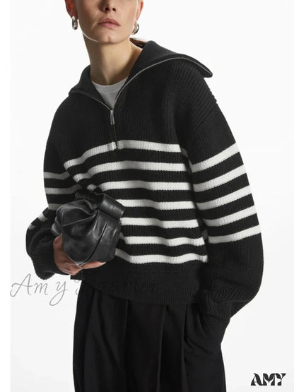 Turtleneck Loose Lapel Striped Casual Fashion Simplicity Sweater