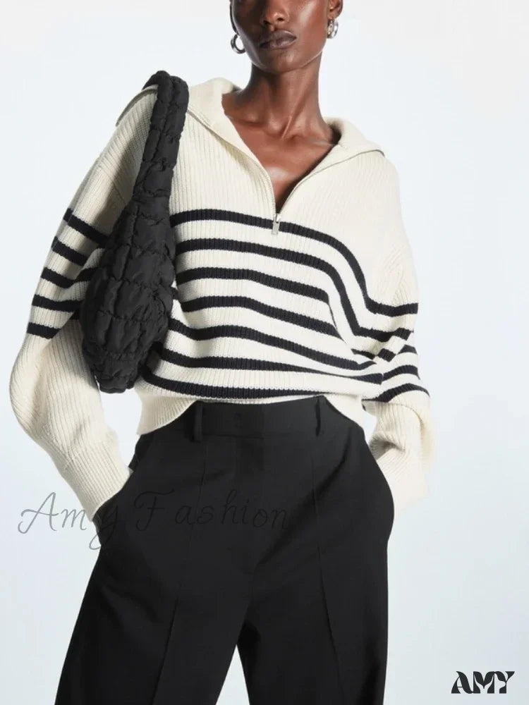 Turtleneck Loose Lapel Striped Casual Fashion Simplicity Sweater