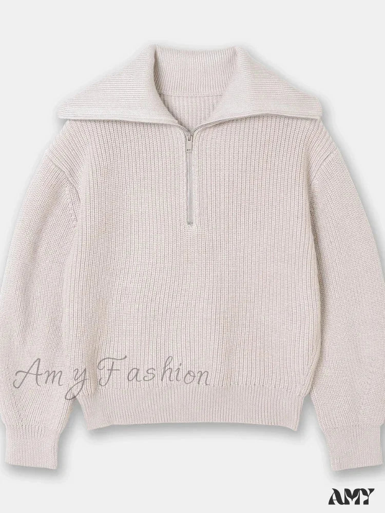 Turtleneck Loose Lapel Striped Casual Fashion Simplicity Sweater Beige / S