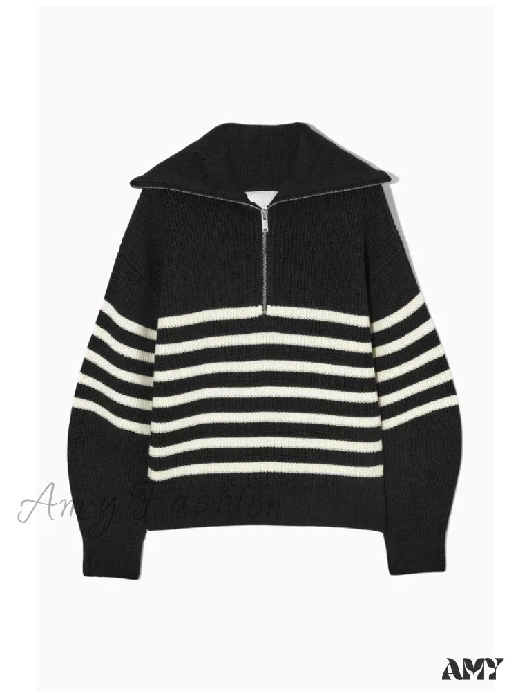 Turtleneck Loose Lapel Striped Casual Fashion Simplicity Sweater Black / S