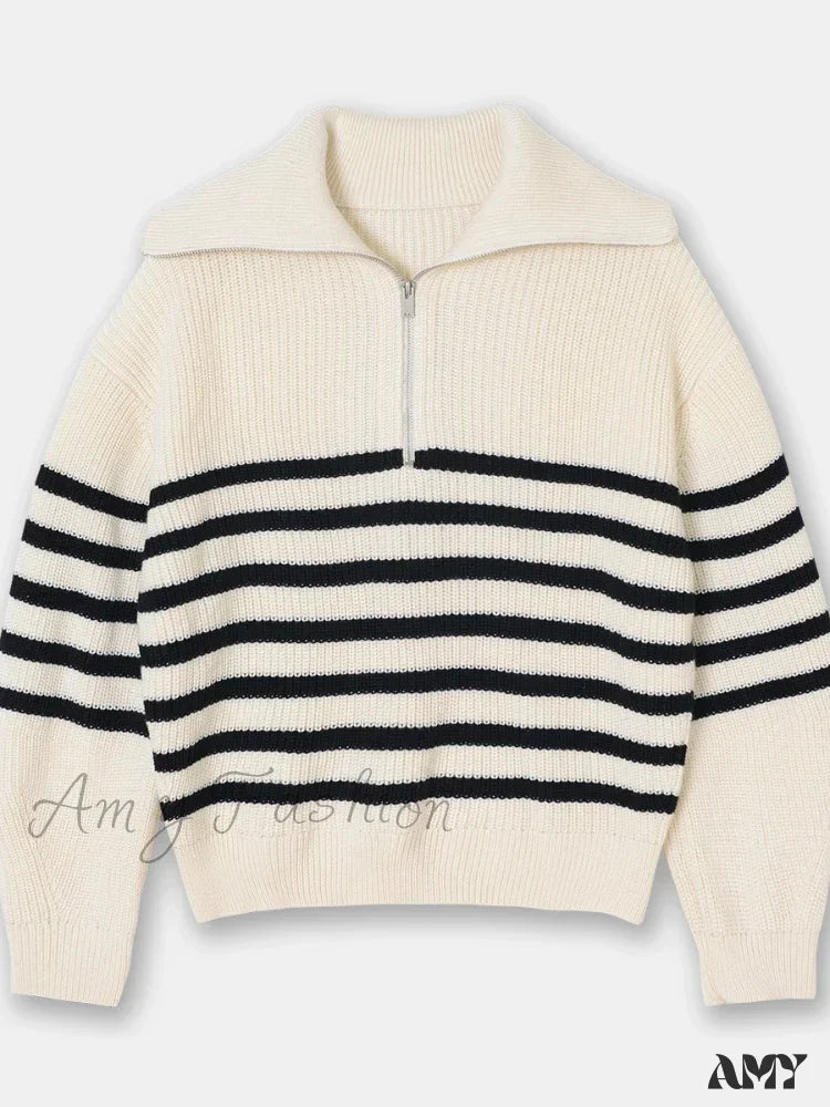 Turtleneck Loose Lapel Striped Casual Fashion Simplicity Sweater White / S