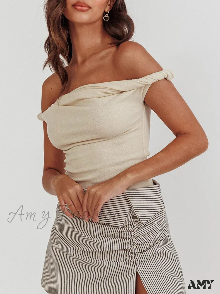 Twisted Off Shoulder Cotton Solid Color Elegant Slim Fit Crop Top