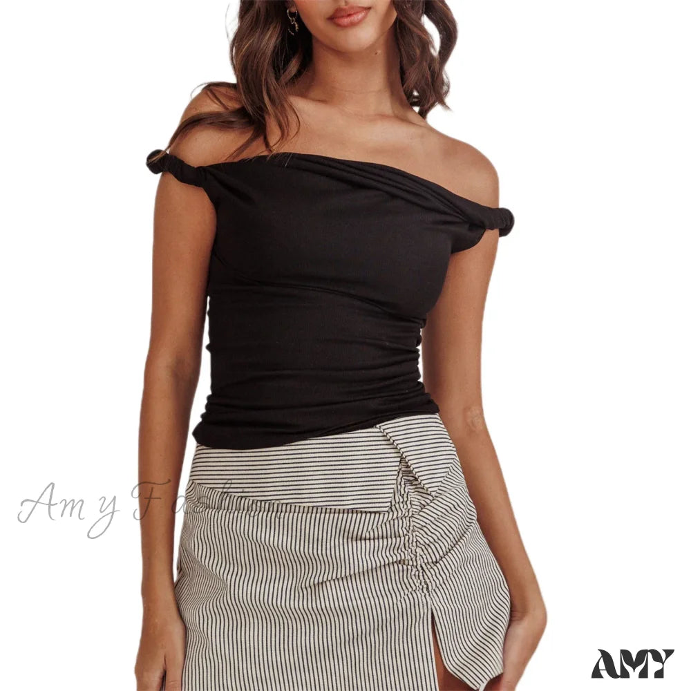 Twisted Off Shoulder Cotton Solid Color Elegant Slim Fit Crop Top Black / S