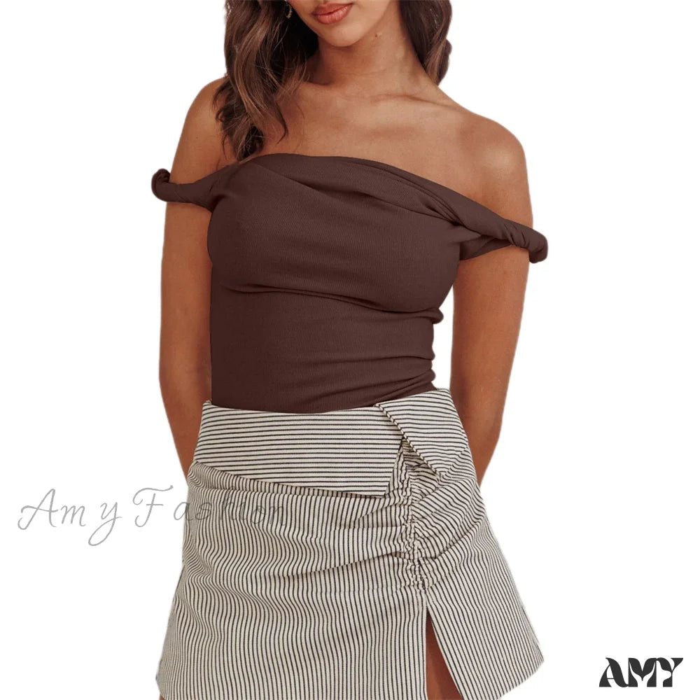 Twisted Off Shoulder Cotton Solid Color Elegant Slim Fit Crop Top Dark Brown / S