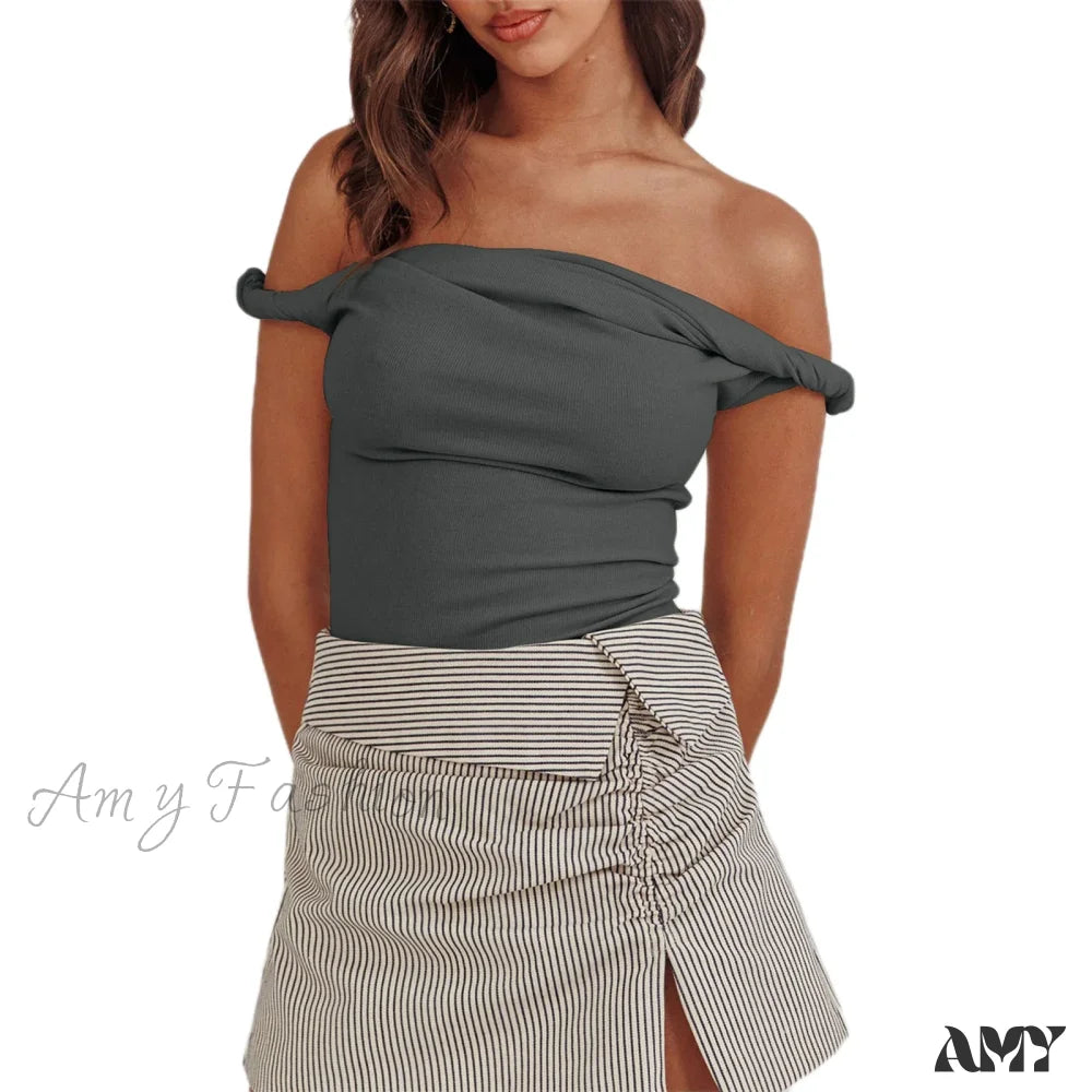 Twisted Off Shoulder Cotton Solid Color Elegant Slim Fit Crop Top Dark Grey / S