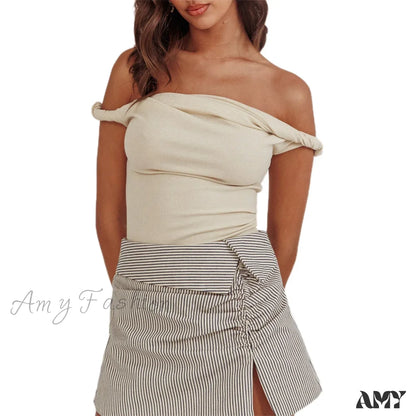 Twisted Off Shoulder Cotton Solid Color Elegant Slim Fit Crop Top Ivory / S