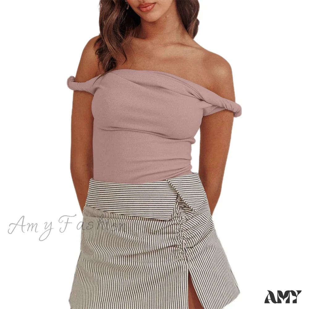 Twisted Off Shoulder Cotton Solid Color Elegant Slim Fit Crop Top Pink / S