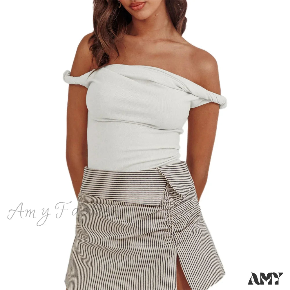 Twisted Off Shoulder Cotton Solid Color Elegant Slim Fit Crop Top White / S