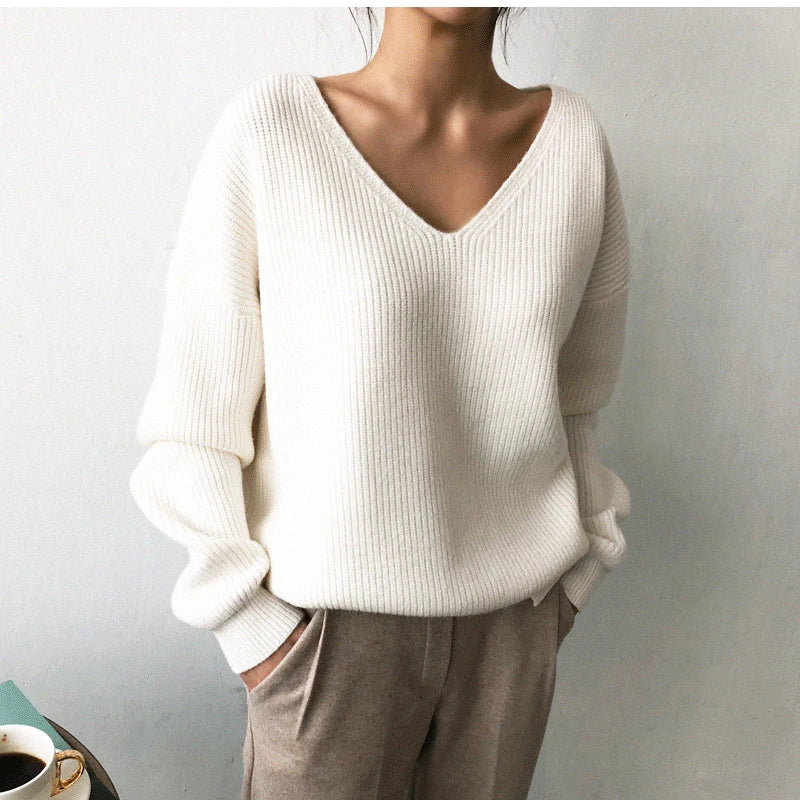 V Neck Women Oversized Knitted Fall 2024 Clothing Pullover Winter Autumn New Fashion Sweater