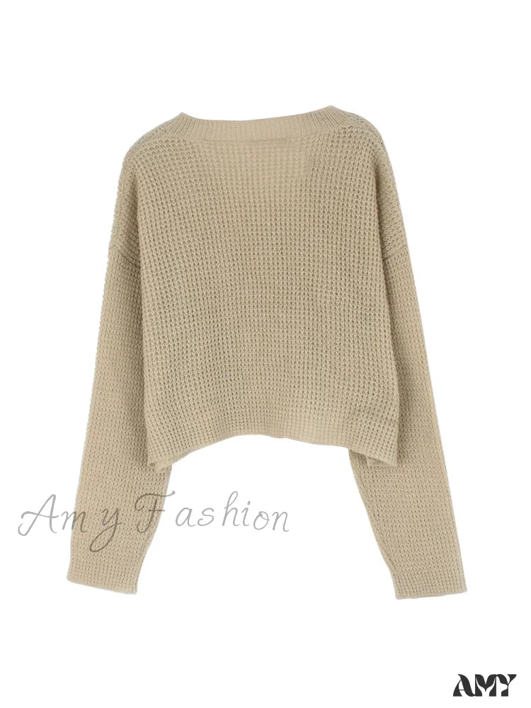 V-Neck Short-Style Waffle Crop Top Fashion Spring Autumn Sweater