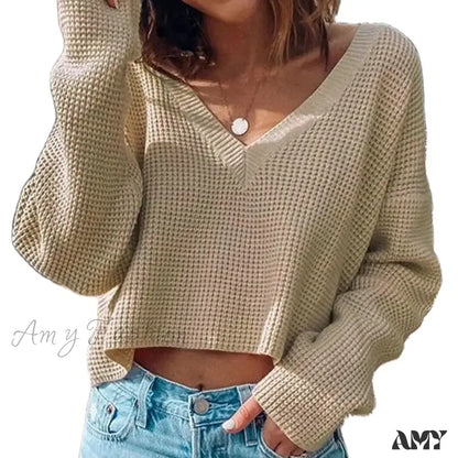 V-Neck Short-Style Waffle Crop Top Fashion Spring Autumn Sweater Khaki / S