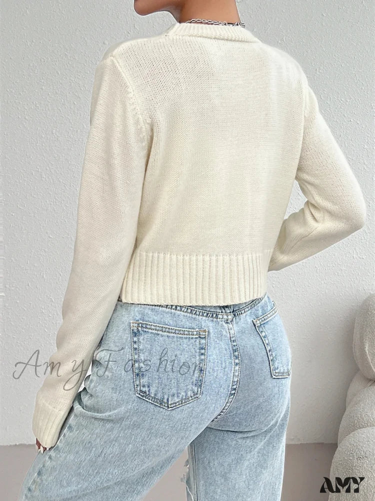 V-Neck Solid Color Elegant Casual Long Sleeve Front Button Knitted Autumn Sweater