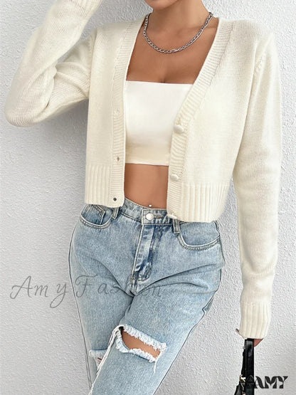 V-Neck Solid Color Elegant Casual Long Sleeve Front Button Knitted Autumn Sweater