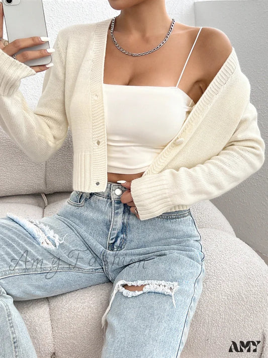 V-Neck Solid Color Elegant Casual Long Sleeve Front Button Knitted Autumn Sweater Beige / S