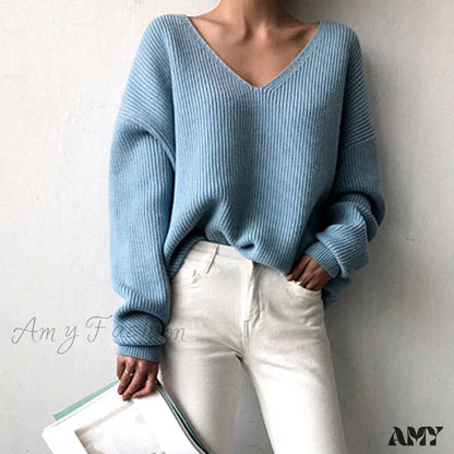 V Neck Women Oversized Knitted Fall 2024 Clothing Pullover Winter Autumn New Fashion Sweater Blue /