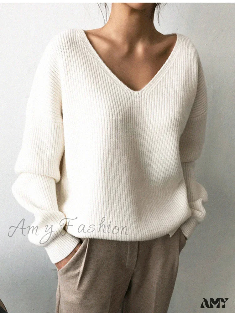 V Neck Women Oversized Knitted Fall 2024 Clothing Pullover Winter Autumn New Fashion Sweater White