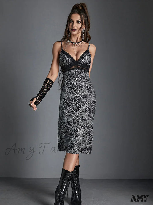 V Web Out Print Spider Bodycon Neck Lace Trim Wrapping Sexy Dress Hollow Chest