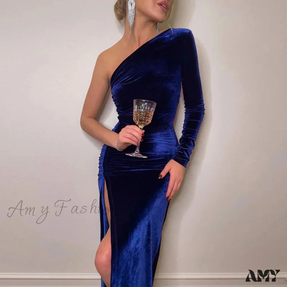 Velvet Bodycon Split Pencil Midi Christmas Party Dress Blue / S