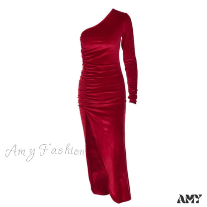 Velvet Bodycon Split Pencil Midi Christmas Party Dress Red / S