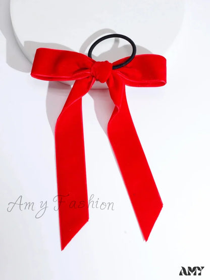 Velvet Bow Knot Ribbon Elastic Christmas Hair Accessory Red