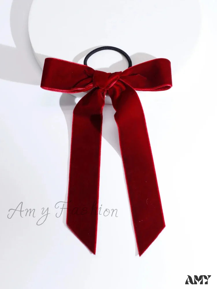 Velvet Bow Knot Ribbon Elastic Christmas Hair Accessory Wine Red