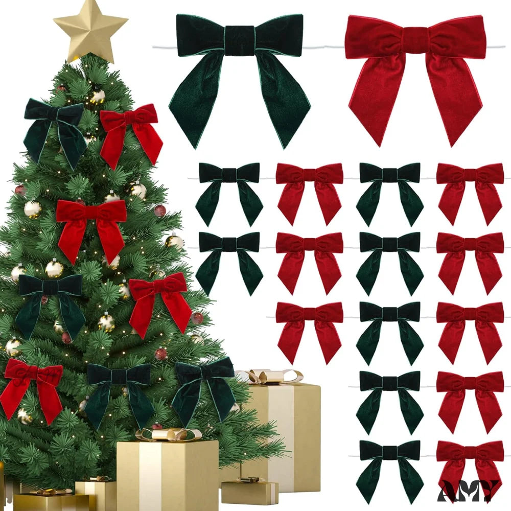 Velvet Christmas Bows - Red And Green (24 Pcs) Green