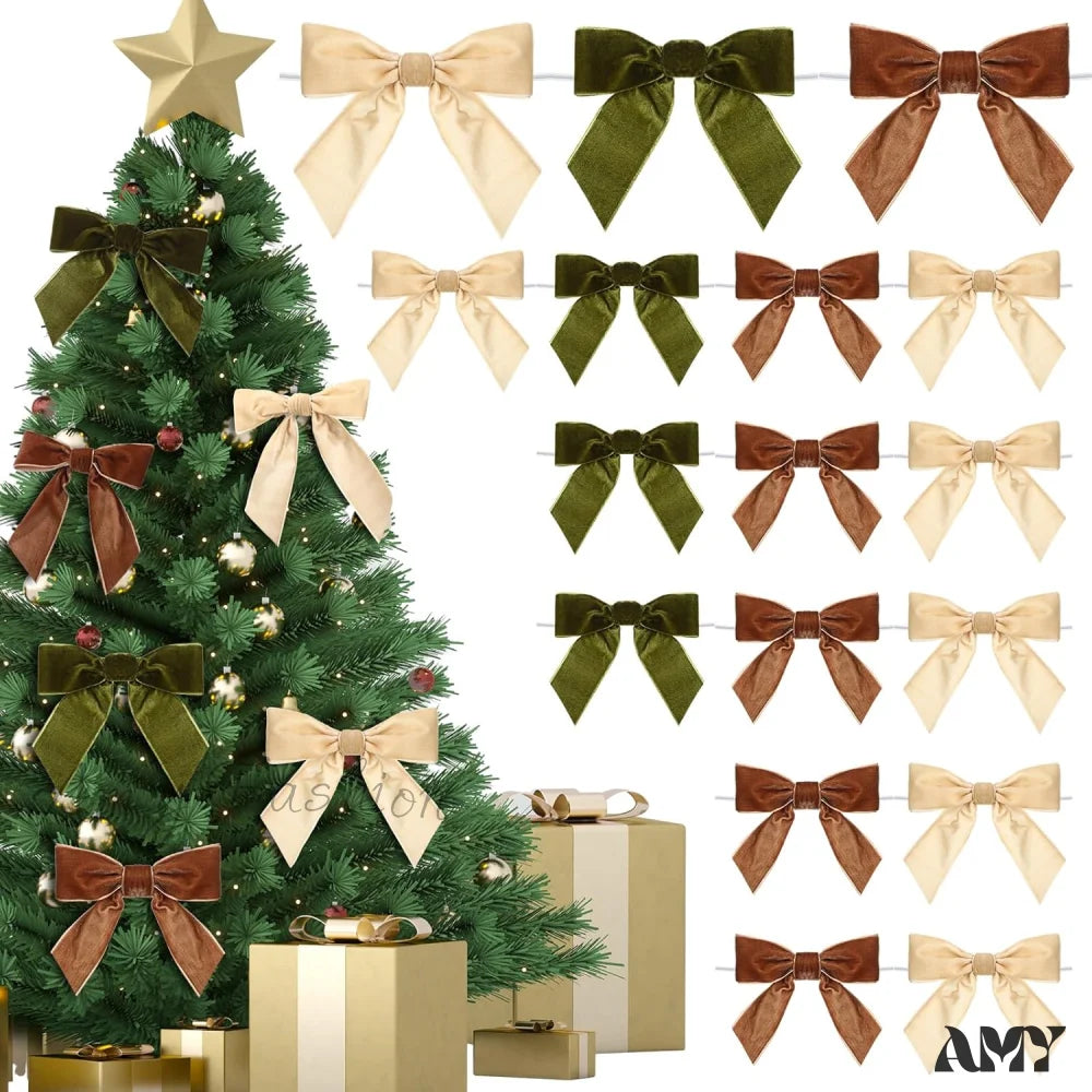 Velvet Christmas Bows - Red And Green (24 Pcs) Khaki Brown