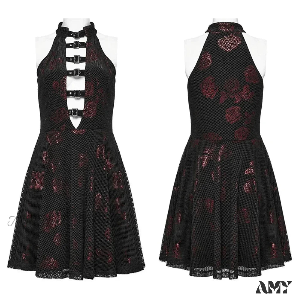 Velvet Floral Elastic Mesh Rose Print Sexy V-Neck Sleeveless A-Line Summer Gothic Dress Black / L