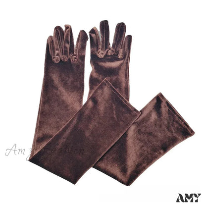 Velvet Ladies Warm Long Retro Dance Stage Etiquette Winter Christmas Gloves Brown