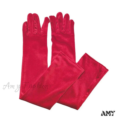 Velvet Ladies Warm Long Retro Dance Stage Etiquette Winter Christmas Gloves Red