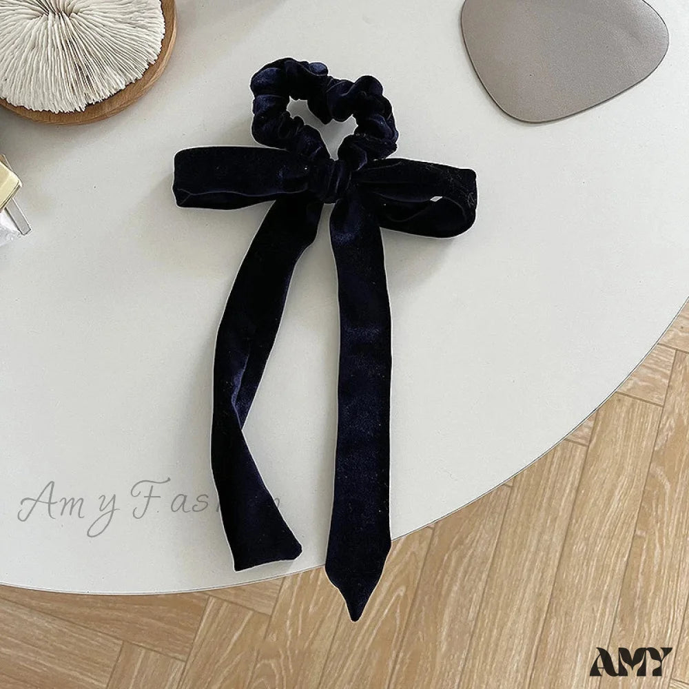 Velvet Long Ribbon Soft Elastic Bow Hair Accessory For Christmas Navy Blue