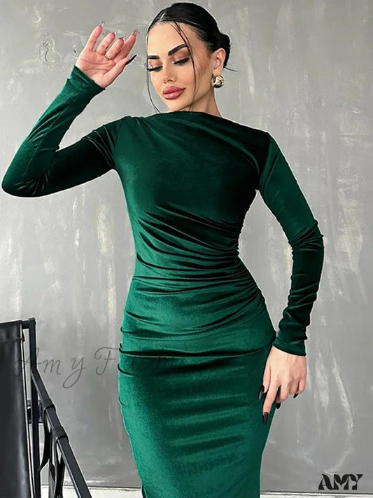 Velvet Long Sleeve Midi Dress - Elegant Party Clothes For Christmas