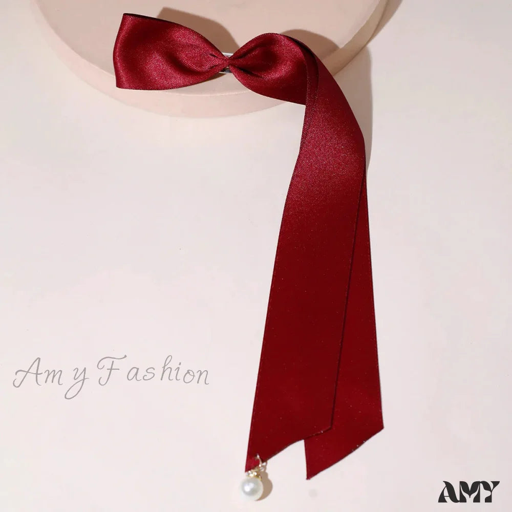 Velvet Ribbon Pearl Top Clip - Christmas Hair Accessory Red 1