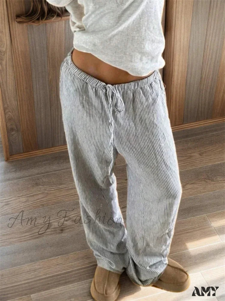 Vertical Stripe Autumn Winter Casual Vintage Elastic Drawstring Trouser