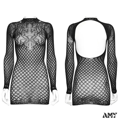 Vine Pattern Mysterious Knitted Black Hollowed Out Back Club Sexy Summer Gothic Dress