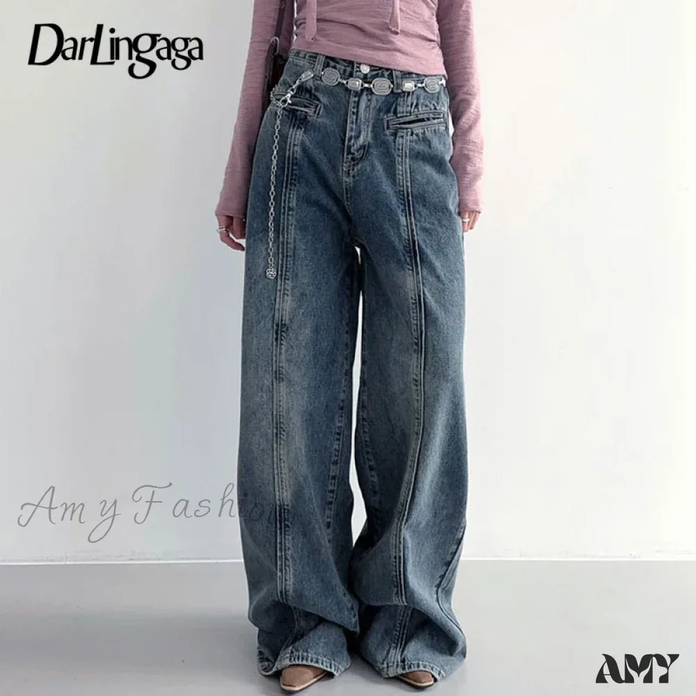 Vintage Baggy Distressed Stylish Comfortable Wide-Leg Trendy Classic Chic Jean Blue / S