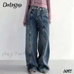 Vintage Baggy Distressed Stylish Comfortable Wide-Leg Trendy Classic Chic Jean Blue / S