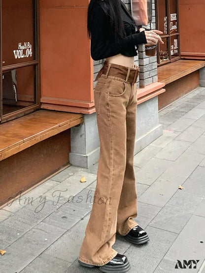 Vintage Brown Flared Autumn High Waist Loose Slim Mopping Jeans