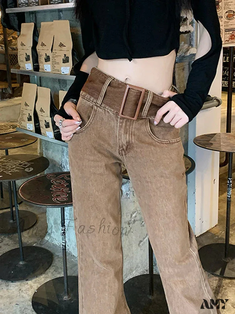 Vintage Brown Flared Autumn High Waist Loose Slim Mopping Jeans